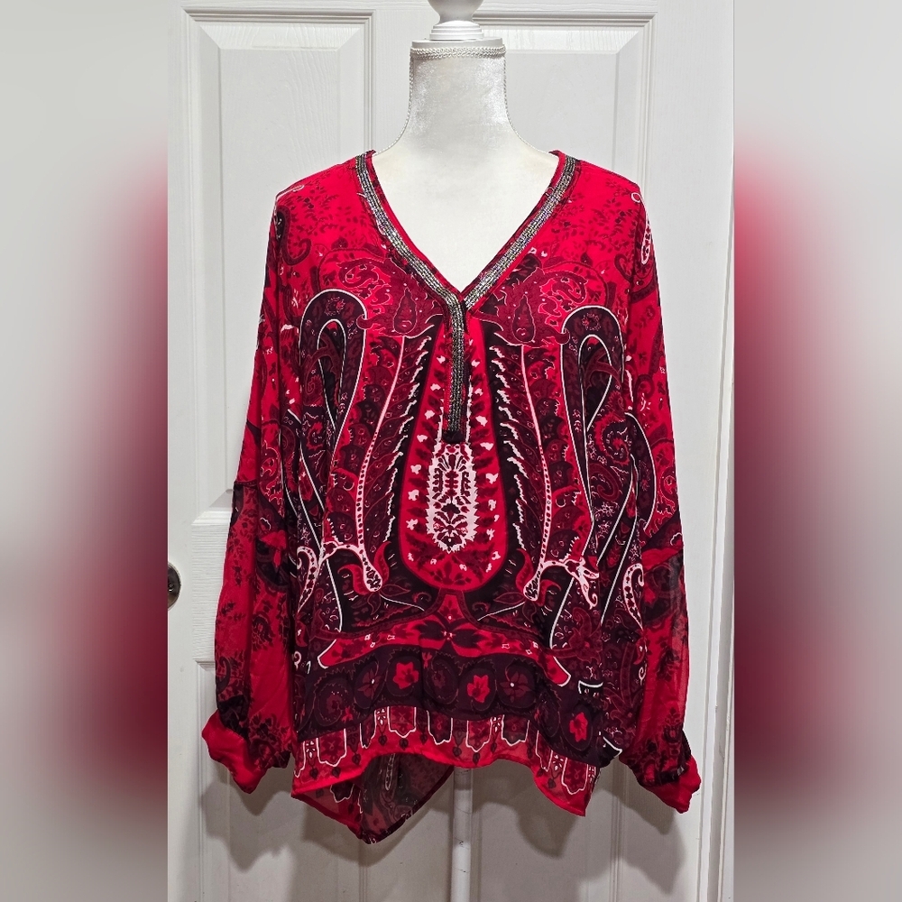 Lane Bryant Beaded Red Paisley Women's Top Blouse Size 18/20